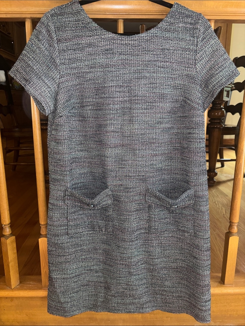 LOFT Gray Textured Short-Sleeve Shift Dress with Front Pockets